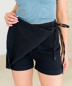 Bentli High Rise Side Tie Denim Skort in Black - Fashion Are Us 