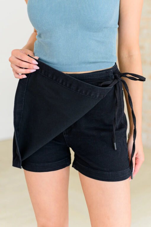 Bentli High Rise Side Tie Denim Skort in Black - Fashion Are Us